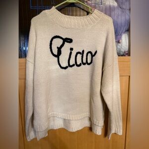 WILDFOX Couture Dinner Party Ciao Bella Cream Black  Embroidered Sweater Lrg